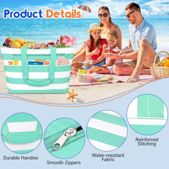 Women's Green White Waterproof Sandproof Xl Tote Zipper Foldable Beach Bags - Picture 6 of 8